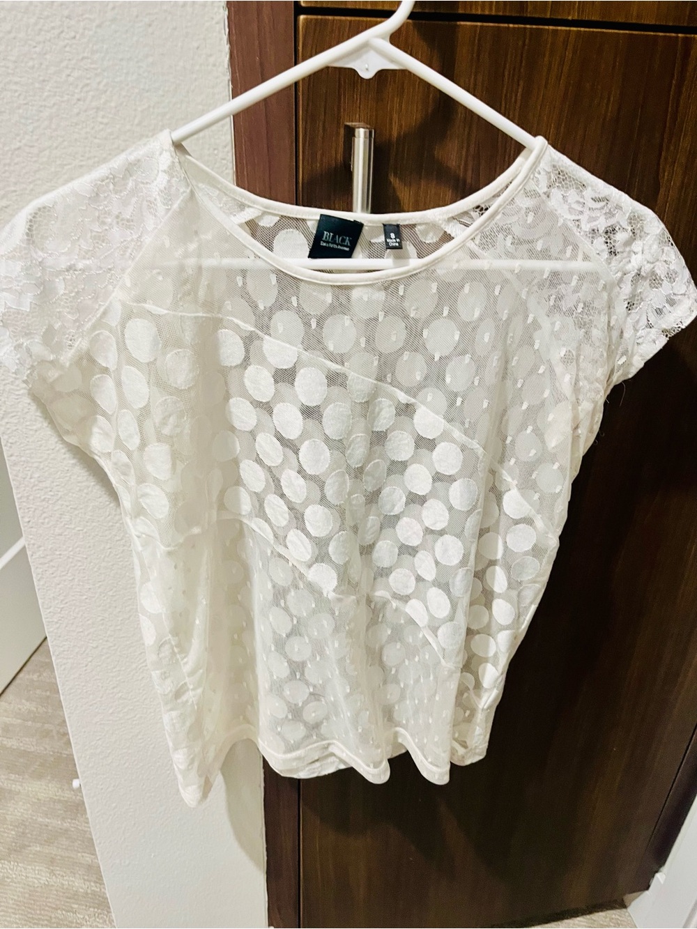 Saks Fifth Avenue Black Label White Sheer Polka Dot Lace Top